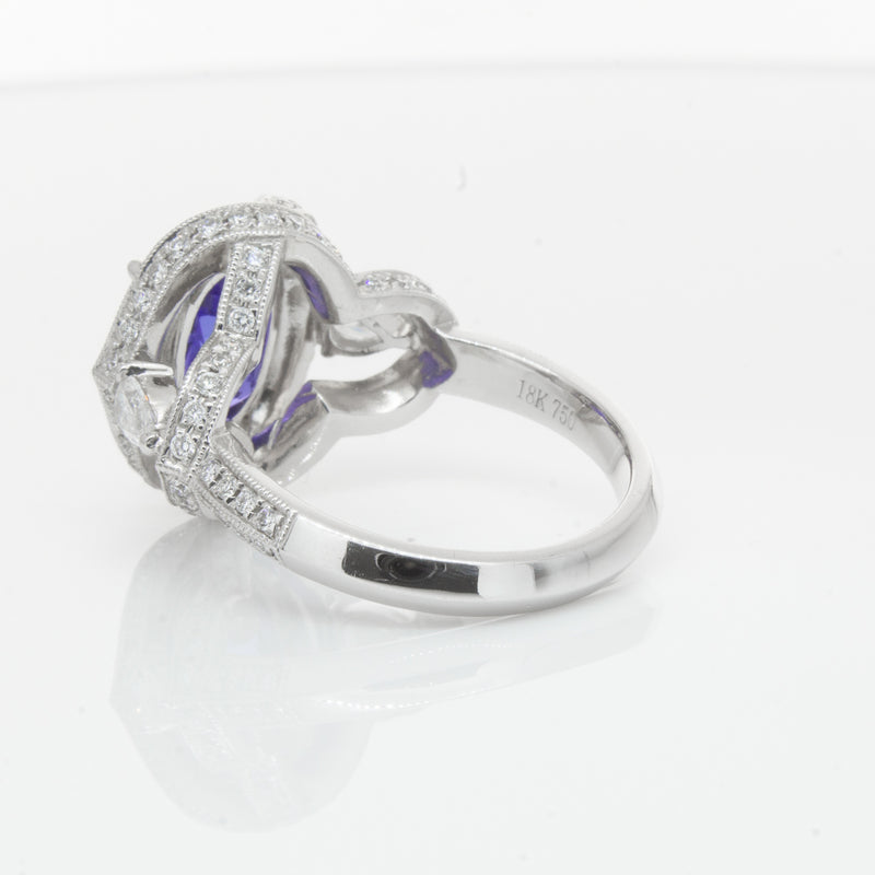 18ct White Gold Tanzanite & Diamond Halo Ring-Ring-Walker & Hall
