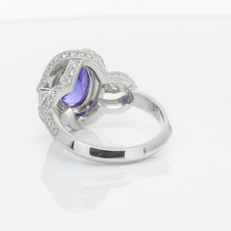 18ct White Gold Tanzanite & Diamond Halo Ring-Ring-Walker & Hall