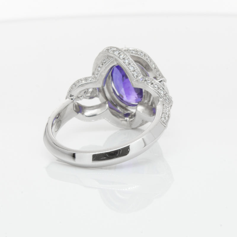 18ct White Gold Tanzanite & Diamond Halo Ring-Ring-Walker & Hall