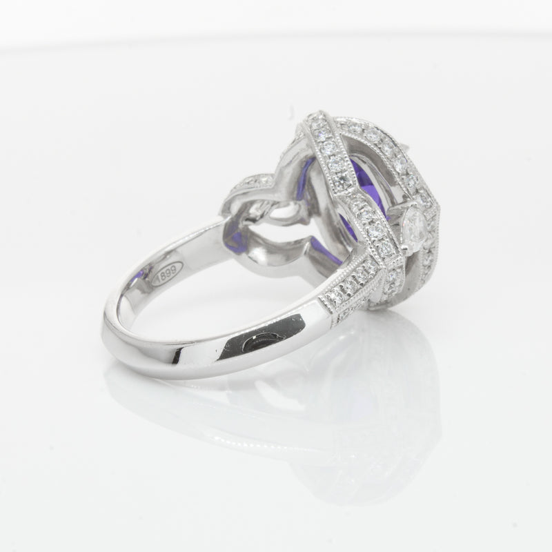 18ct White Gold Tanzanite & Diamond Halo Ring-Ring-Walker & Hall