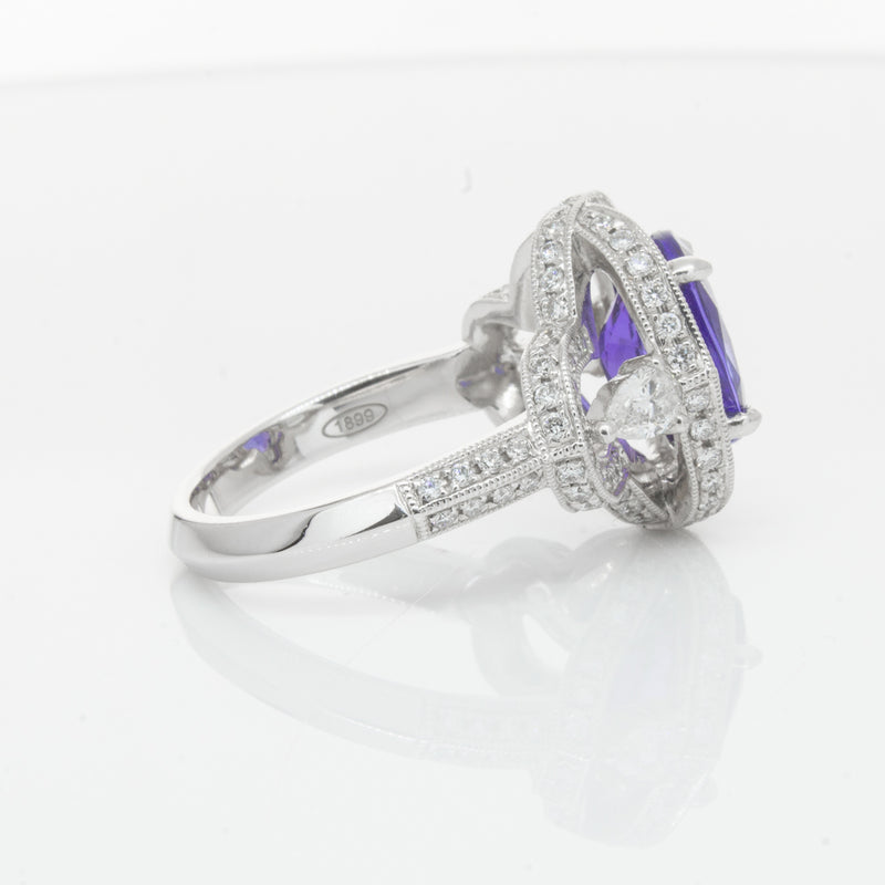 18ct White Gold Tanzanite & Diamond Halo Ring-Ring-Walker & Hall