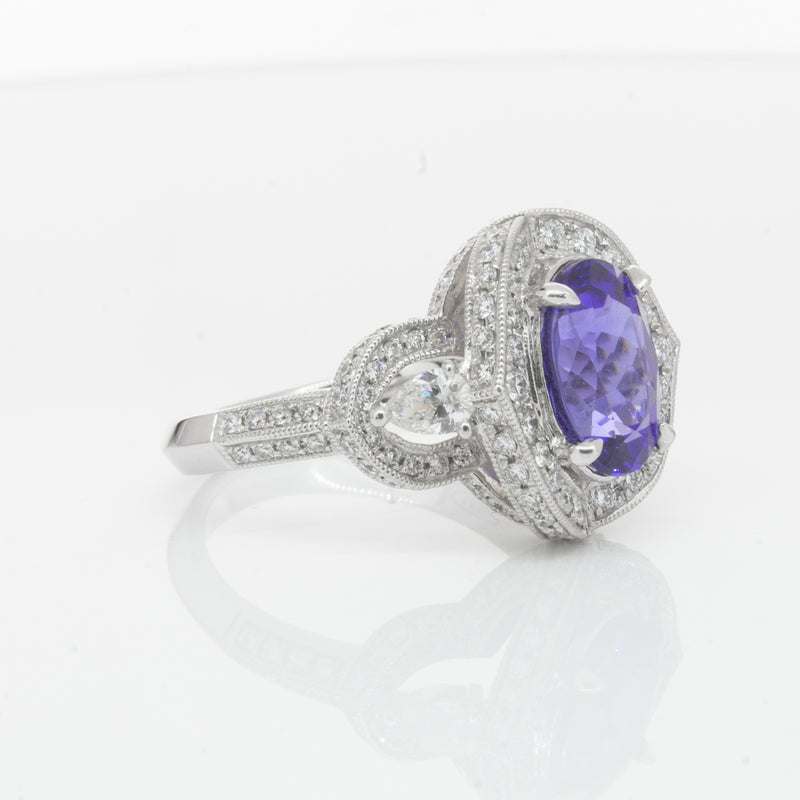 18ct White Gold Tanzanite & Diamond Halo Ring-Ring-Walker & Hall