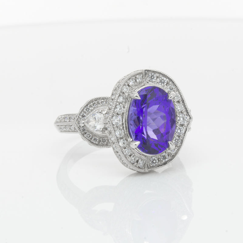 18ct White Gold Tanzanite & Diamond Halo Ring-Ring-Walker & Hall