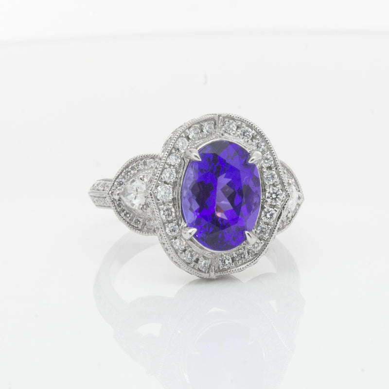 18ct White Gold Tanzanite & Diamond Halo Ring-Ring-Walker & Hall