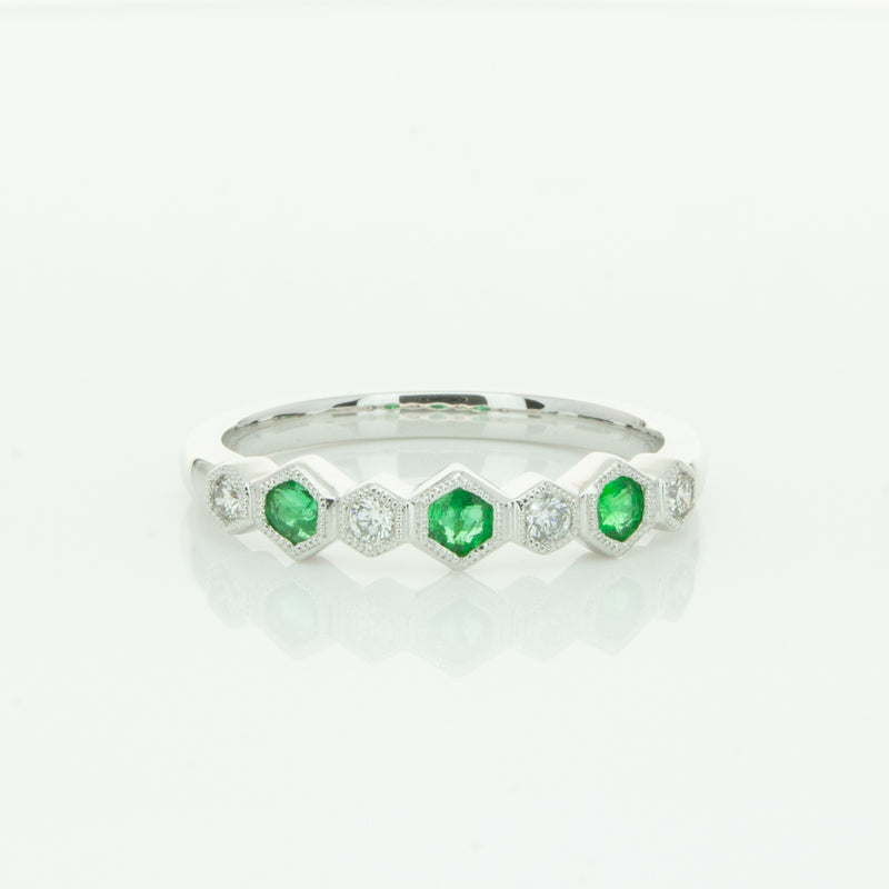 18ct White Gold Emerald & Diamond Deco Band-Ring-Walker & Hall