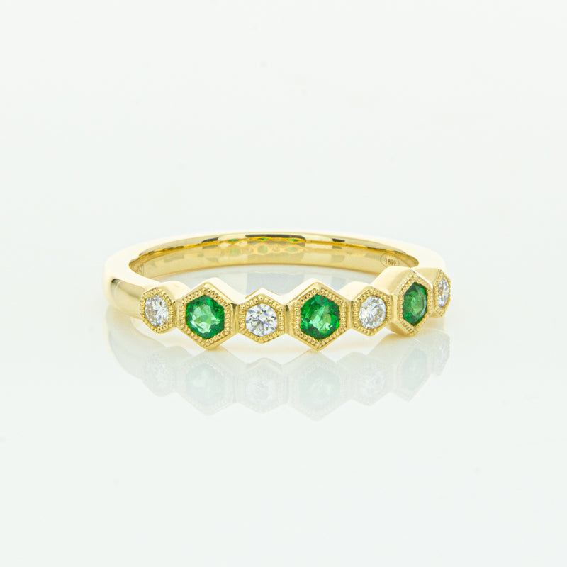 18ct Yellow Gold Emerald & Diamond Deco Band-Ring-Walker & Hall