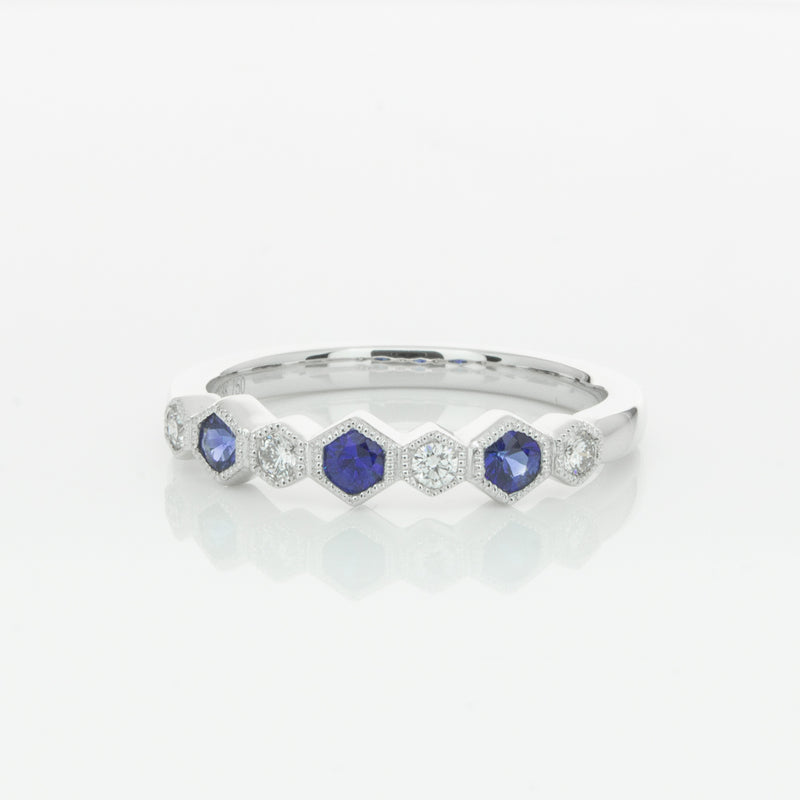 18ct White Gold Sapphire & Diamond Deco Band-Ring-Walker & Hall