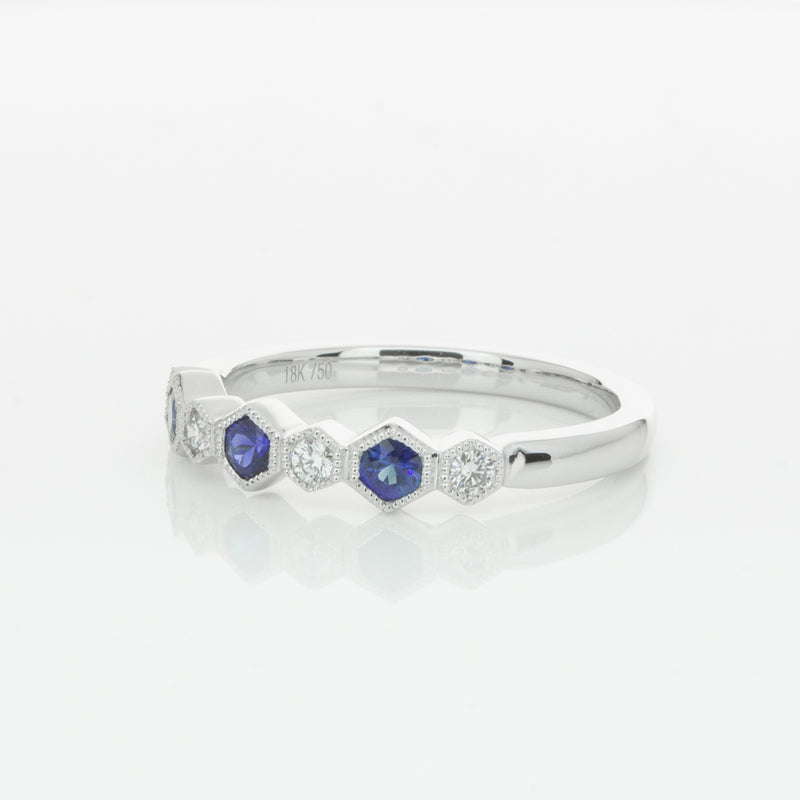 18ct White Gold Sapphire & Diamond Deco Band-Ring-Walker & Hall