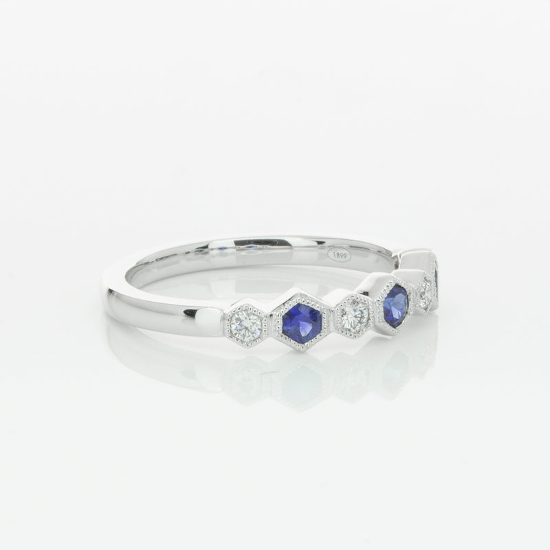18ct White Gold Sapphire & Diamond Deco Band-Ring-Walker & Hall