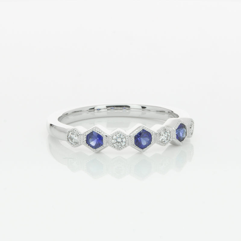 18ct White Gold Sapphire & Diamond Deco Band-Ring-Walker & Hall