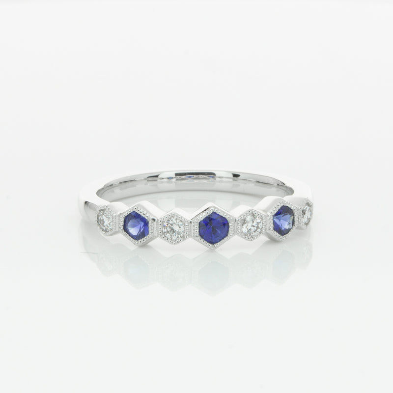 18ct White Gold Sapphire & Diamond Deco Band-Ring-Walker & Hall