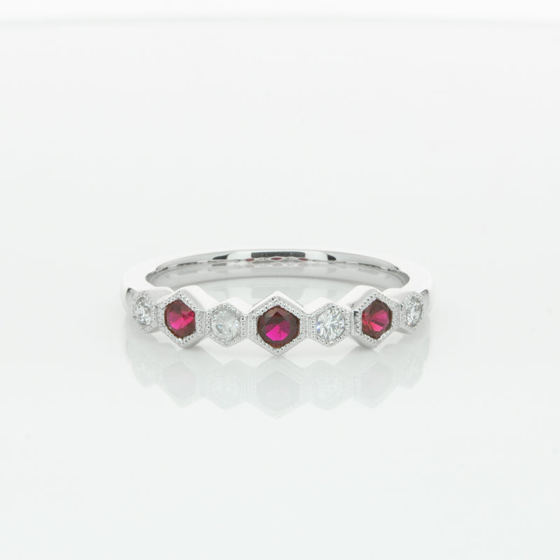 18ct White Gold Ruby & Diamond Deco Band-Ring-Walker & Hall