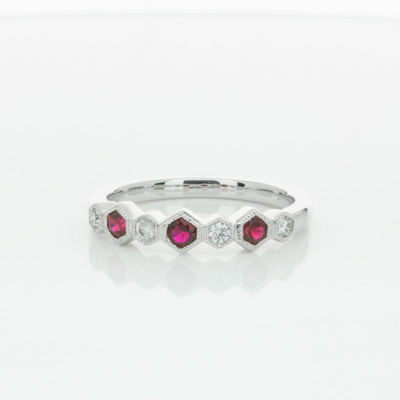 18ct White Gold Ruby & Diamond Deco Band-Ring-Walker & Hall