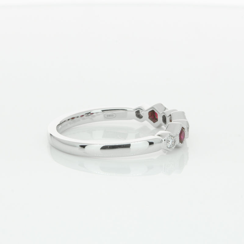 18ct White Gold Ruby & Diamond Deco Band-Ring-Walker & Hall