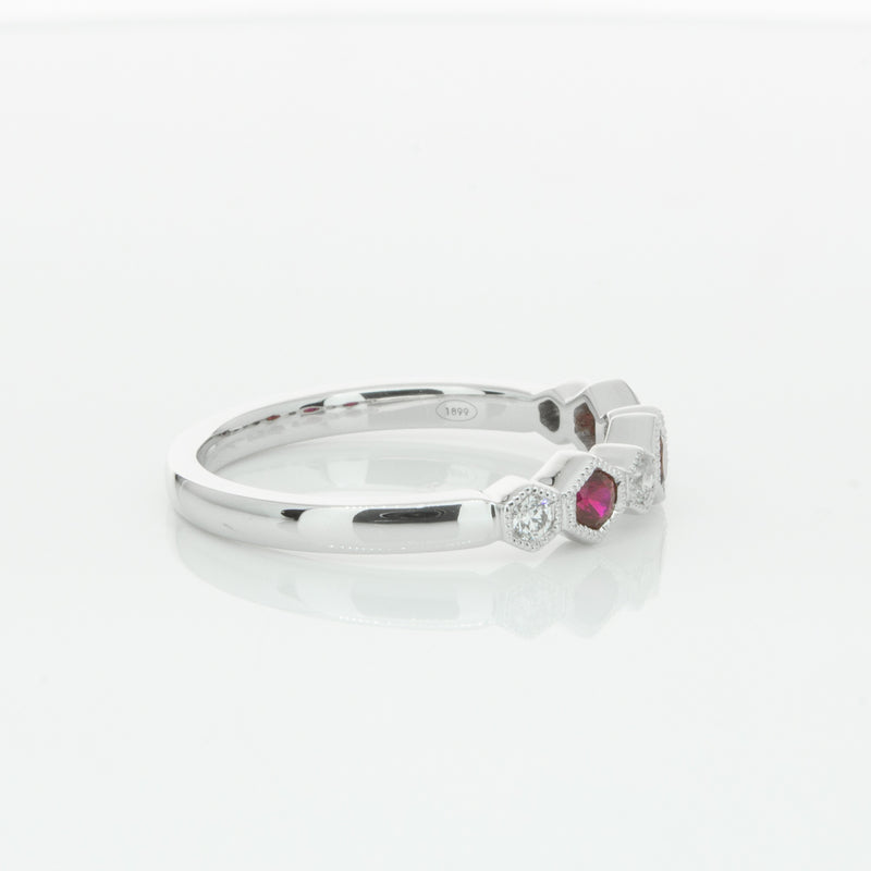 18ct White Gold Ruby & Diamond Deco Band-Ring-Walker & Hall