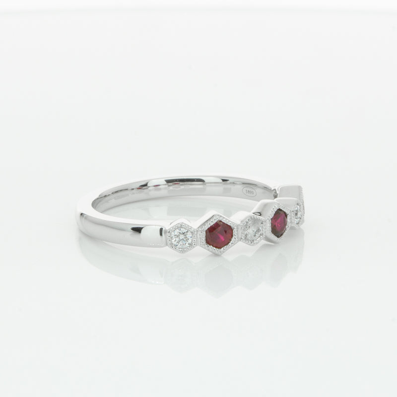 18ct White Gold Ruby & Diamond Deco Band-Ring-Walker & Hall