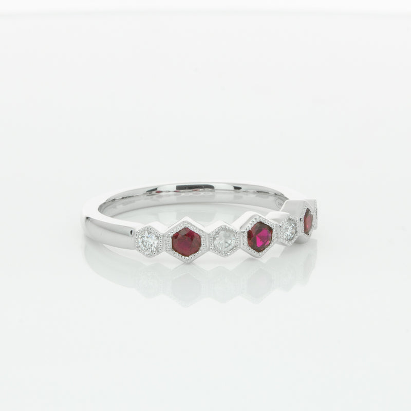18ct White Gold Ruby & Diamond Deco Band-Ring-Walker & Hall