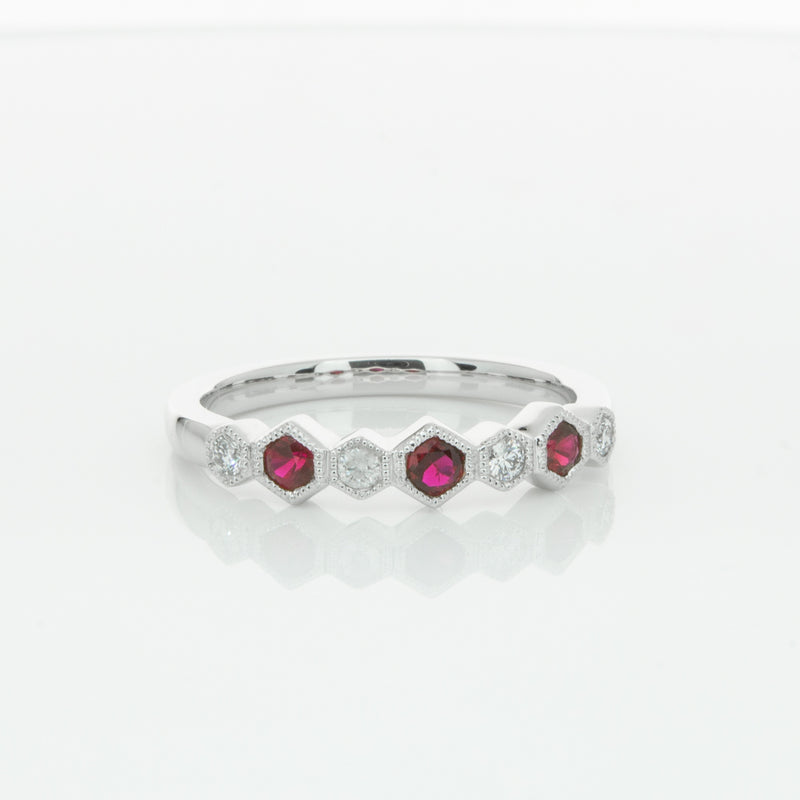 18ct White Gold Ruby & Diamond Deco Band-Ring-Walker & Hall