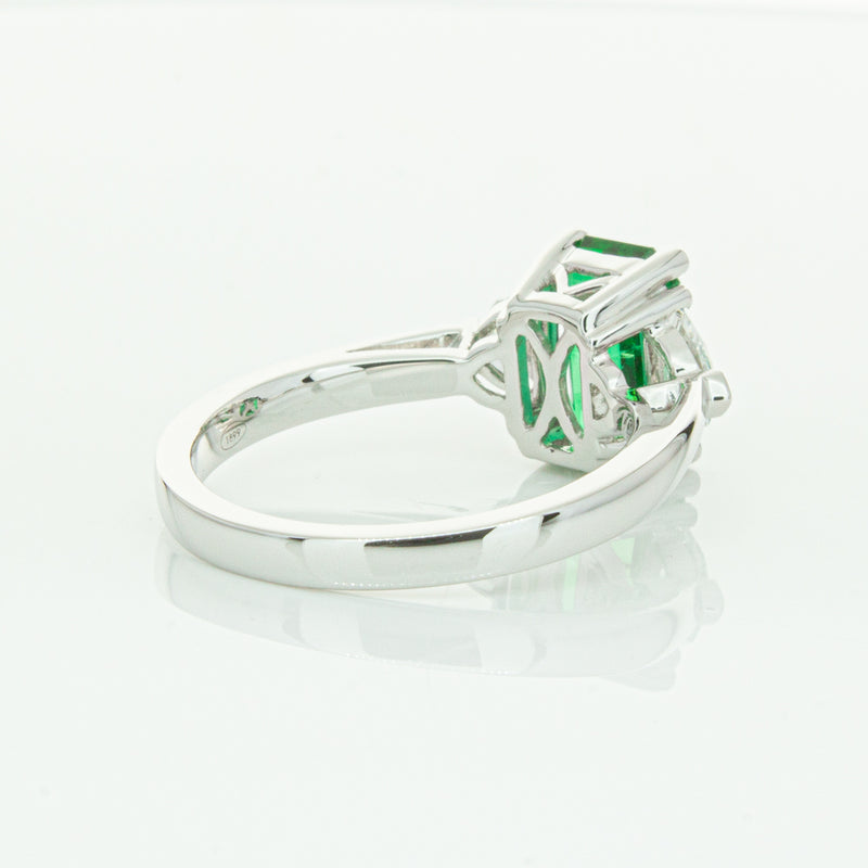 18ct White Gold Emerald & Diamond Three Stone Ring-Ring-Walker & Hall