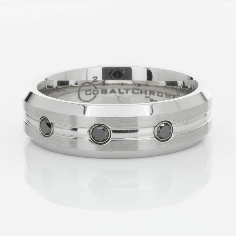 Cobalt Satin-Finish Beveled Edge Black Diamond Set 7.5mm Ring-Ring-Walker & Hall