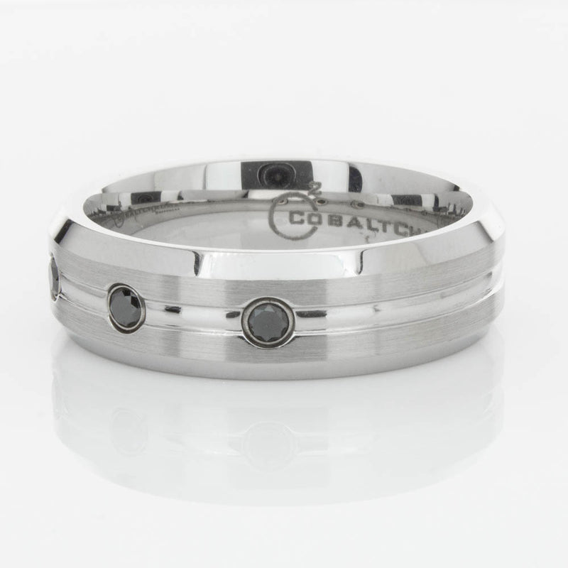 Cobalt Satin-Finish Beveled Edge Black Diamond Set 7.5mm Ring-Ring-Walker & Hall