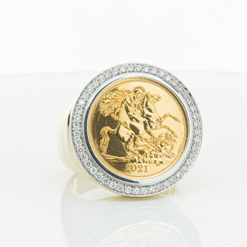 14ct Yellow Gold Half Sovereign & Diamond Halo Ring-Ring-Walker & Hall