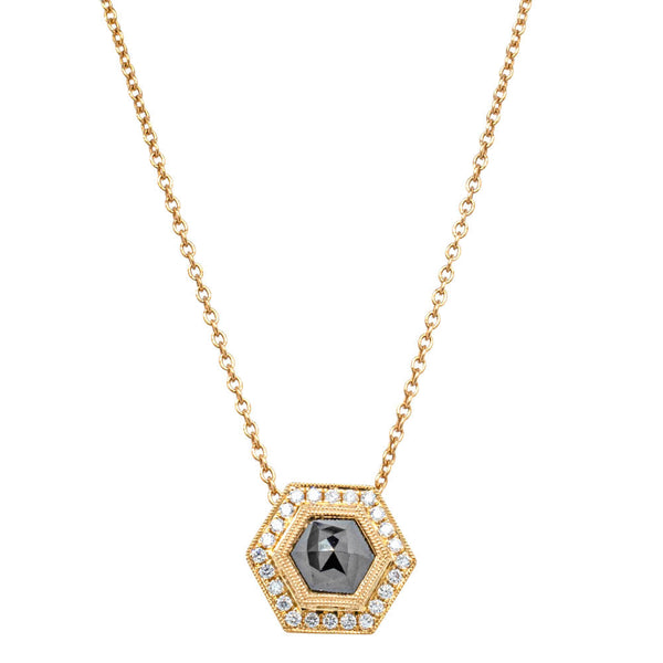 18ct Yellow Gold 1.01ct Black Diamond Halo Pendant - Necklace - Walker & Hall