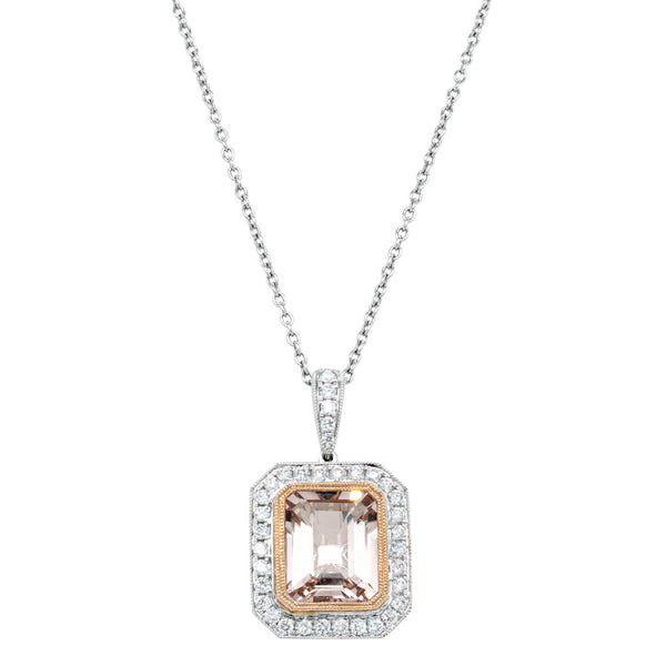 18ct White Gold 2.54ct Morganite & Diamond Halo Pendant - Necklace - Walker & Hall