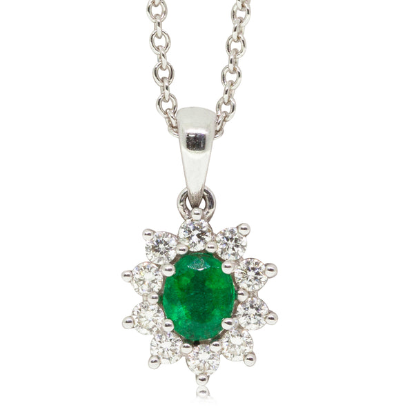 18ct White Gold .32ct Emerald & Diamond Necklace - Walker & Hall