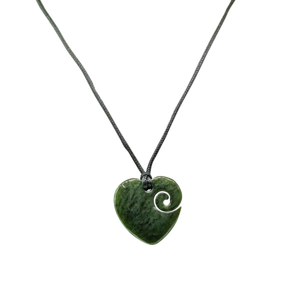 NZ Greenstone Kawakawa Heart With Koru Pendant - Necklace - Walker & Hall