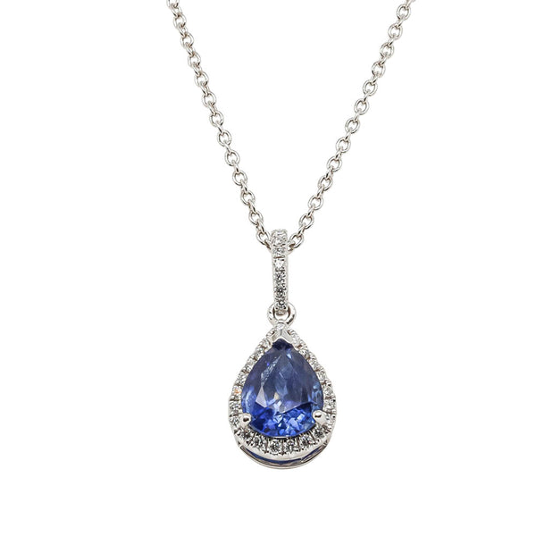 18ct White Gold 1.65ct Sapphire & Diamond Pendant - Necklace - Walker & Hall
