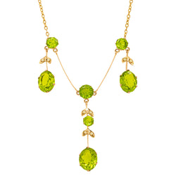 Vintage 13ct Yellow Gold Green Glass & Seed Pearl Pendant - Necklace - Walker & Hall