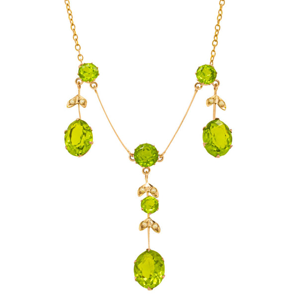 Vintage 13ct Yellow Gold Green Glass & Seed Pearl Pendant - Necklace - Walker & Hall