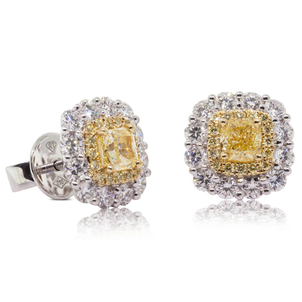 18ct White & Yellow Gold .76ct Yellow Diamond Halo Earrings - Walker & Hall