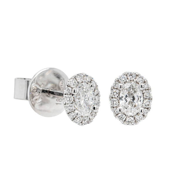 18ct White Gold .38ct Oval Diamond Halo Earrings - Walker & Hall