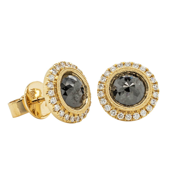 18ct Yellow Gold 1.84ct Black Diamond Halo Earrings - Earrings - Walker & Hall