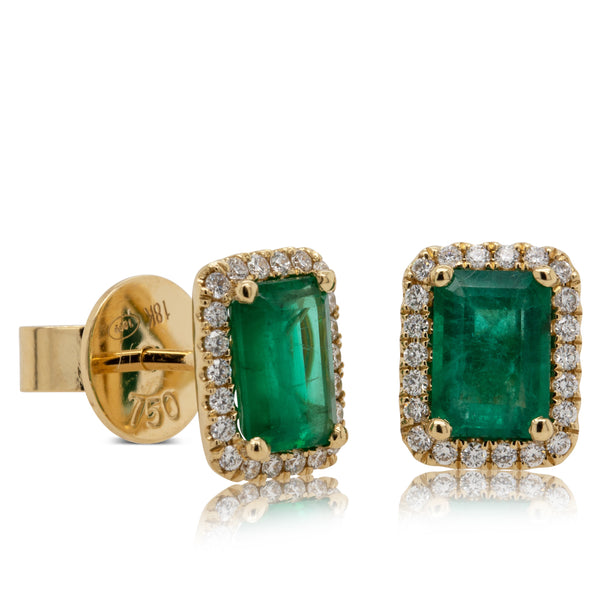 18ct Yellow Gold 1.70ct Emerald & Diamond Stud Earrings - Walker & Hall