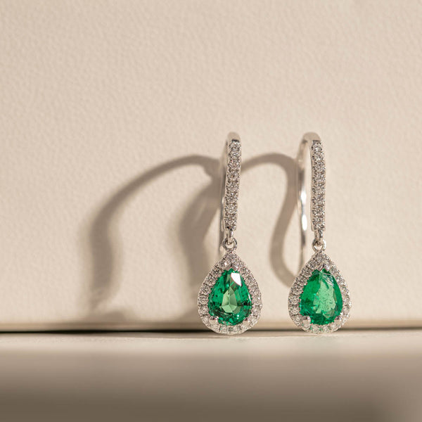 18ct White Gold 1.12ct Emerald & Diamond Mini Sierra Earrings - Walker & Hall