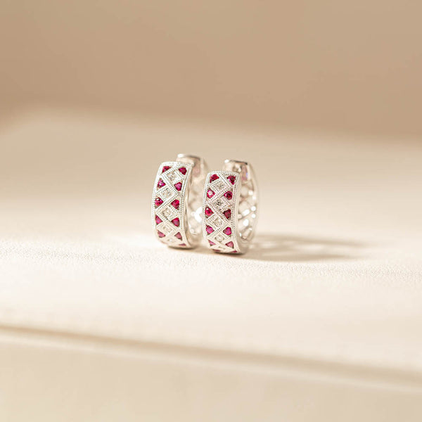 18ct White Gold Ruby & Diamond Honour Hoop Earrings - Earrings - Walker & Hall
