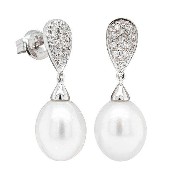 9ct White Gold Pearl & Diamond Earrings - Walker & Hall