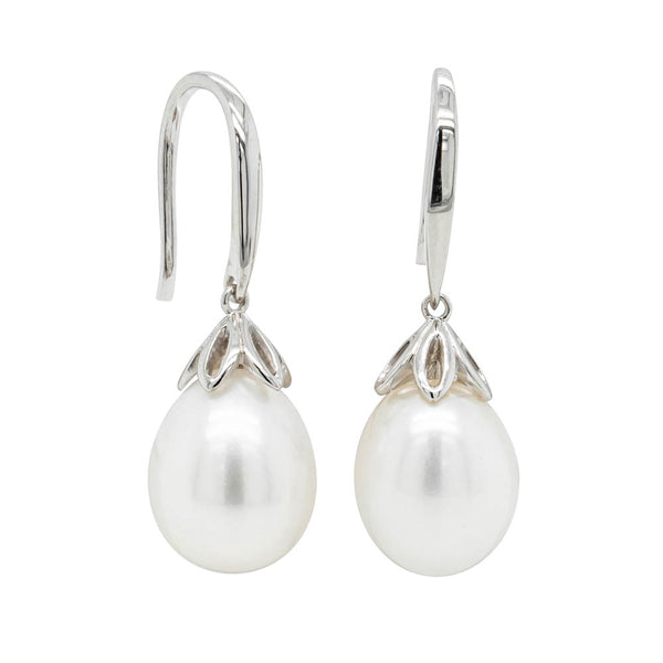 9ct White Gold Petal Drop Pearl Earrings - Walker & Hall