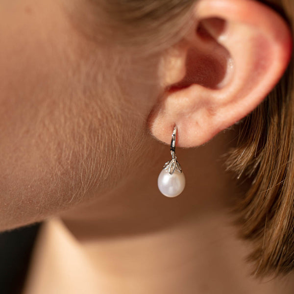 9ct White Gold Petal Drop Pearl Earrings - Walker & Hall