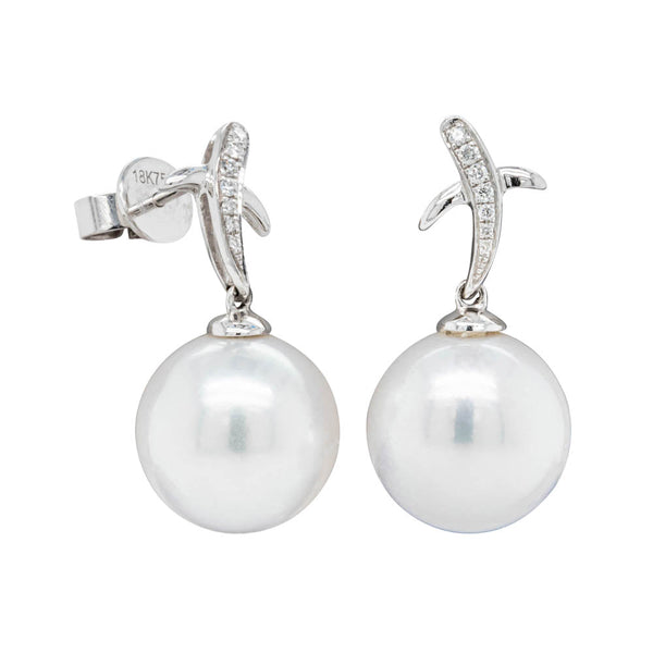 18ct White Gold South Sea Pearl & Diamond Kiss Earrings - Earrings - Walker & Hall