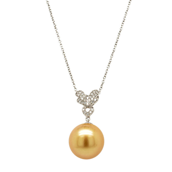 18ct White Gold 13mm Golden Pearl & Diamond Pendant - Necklace - Walker & Hall