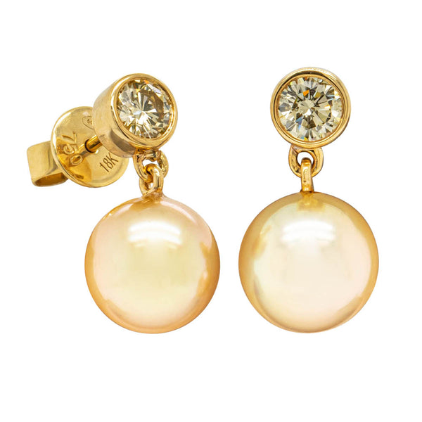 18ct Yellow Gold Golden Pearl & Diamond Earrings - Walker & Hall