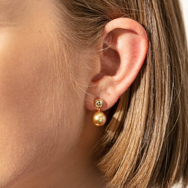 18ct Yellow Gold Golden Pearl & Diamond Earrings - Walker & Hall
