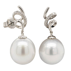 18ct White Gold 12.5mm South Sea Pearl & Diamond Earrings - Walker & Hall