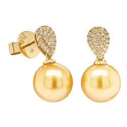 18ct Yellow Gold 9.7mm Golden Pearl & Diamond Aegean Earrings - Walker & Hall