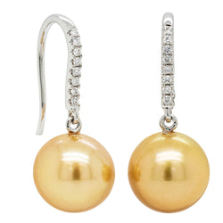 18ct White Gold 10.3mm Golden Pearl & Diamond Earrings - Walker & Hall