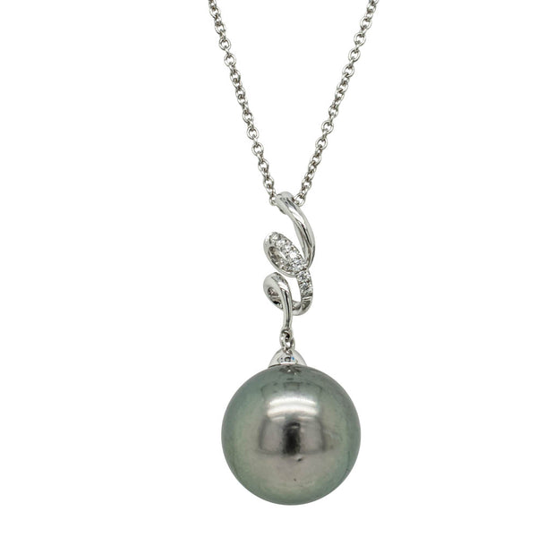 18ct White Gold 13.4mm Tahitian Pearl & Diamond Pendant - Necklace - Walker & Hall
